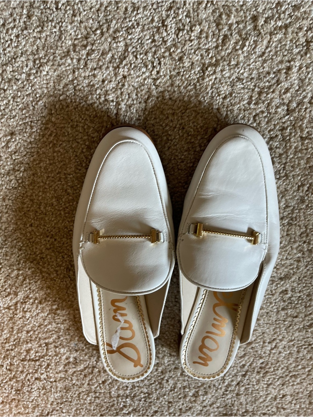 Sam Edelman White Leather Backless Mules with Gold Bit